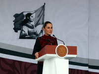 Claudia Sheinbaum, President of Mexico, speaks before the parade on the occasion of the 114th anniversary of the Mexican Revolution at the Z...