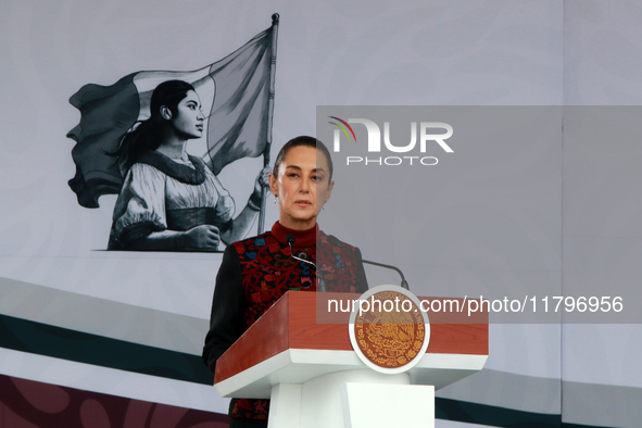 Claudia Sheinbaum, President of Mexico, speaks before the parade on the occasion of the 114th anniversary of the Mexican Revolution at the Z...