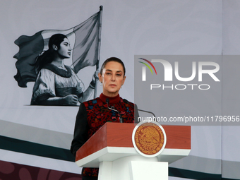 Claudia Sheinbaum, President of Mexico, speaks before the parade on the occasion of the 114th anniversary of the Mexican Revolution at the Z...