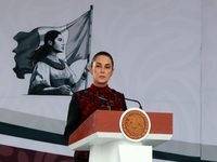 Claudia Sheinbaum, President of Mexico, speaks before the parade on the occasion of the 114th anniversary of the Mexican Revolution at the Z...