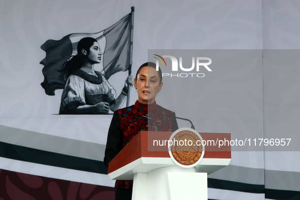 Claudia Sheinbaum, President of Mexico, speaks before the parade on the occasion of the 114th anniversary of the Mexican Revolution at the Z...