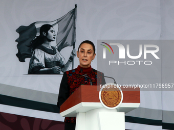 Claudia Sheinbaum, President of Mexico, speaks before the parade on the occasion of the 114th anniversary of the Mexican Revolution at the Z...