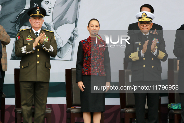 Claudia Sheinbaum, President of Mexico, is accompanied by Ricardo Trevilla Trejo, Secretary of National Defense, and Raymundo Pedro Morales...