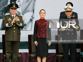 Claudia Sheinbaum, President of Mexico, is accompanied by Ricardo Trevilla Trejo, Secretary of National Defense, and Raymundo Pedro Morales...