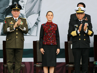 Claudia Sheinbaum, President of Mexico, is accompanied by Ricardo Trevilla Trejo, Secretary of National Defense, and Raymundo Pedro Morales...