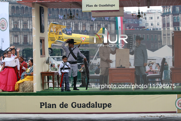 Members of the Mexican armed forces, dressed in attire from the time of the Mexican Revolution, represent a scene from the Mexican Revolutio...