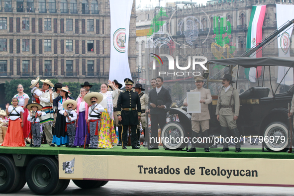 Members of the Mexican armed forces, dressed in attire from the time of the Mexican Revolution, represent a scene from the Mexican Revolutio...