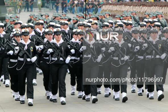 Women belonging to the Mexican Navy participate in the parade on the occasion of the 114th anniversary of the Mexican Revolution at the Zoca...