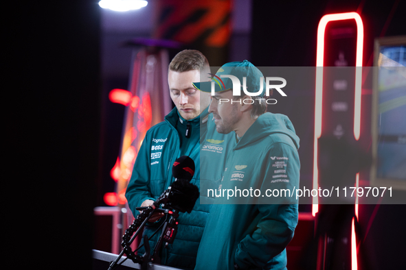 Fernando Alonso speaks to the press before the Formula 1 Heineken Silver Las Vegas Grand Prix in Las Vegas, Nevada. 