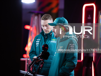 Fernando Alonso speaks to the press before the Formula 1 Heineken Silver Las Vegas Grand Prix in Las Vegas, Nevada. (