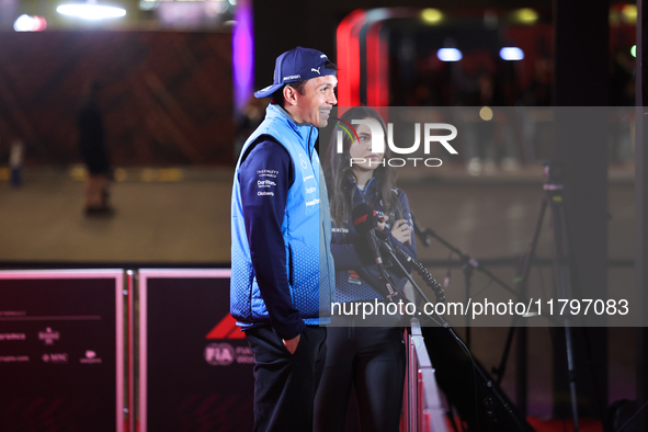 Alexander Albon speaks to the press in Las Vegas, Nevada, on November 20, 2024, ahead of the Formula 1 Heineken Silver Las Vegas Grand Prix....