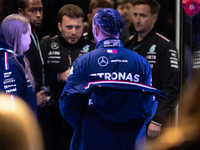 Lewis Hamilton is in the Mercedes garage in Las Vegas, Nevada, on November 20, 2024, ahead of the Formula 1 Heineken Silver Las Vegas Grand...