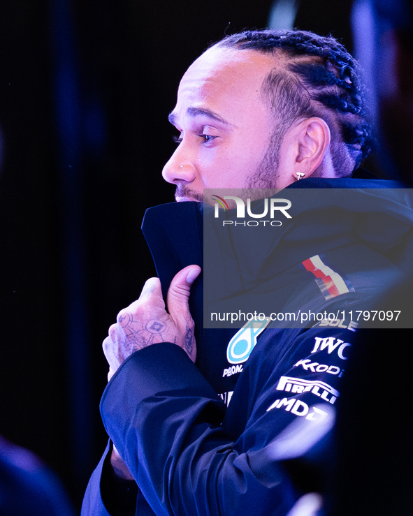 Lewis Hamilton is in the Mercedes garage in Las Vegas, Nevada, on November 20, 2024, ahead of the Formula 1 Heineken Silver Las Vegas Grand...