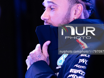 Lewis Hamilton is in the Mercedes garage in Las Vegas, Nevada, on November 20, 2024, ahead of the Formula 1 Heineken Silver Las Vegas Grand...