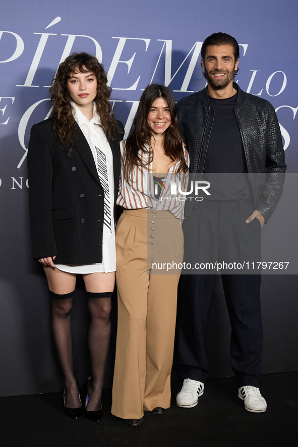 At a photocall for ''Pideme lo que Quieras'' in Madrid, Spain, on November 21, 2024, Gabriela Andrada, Lucia Alemany, and Mario Ermito are p...