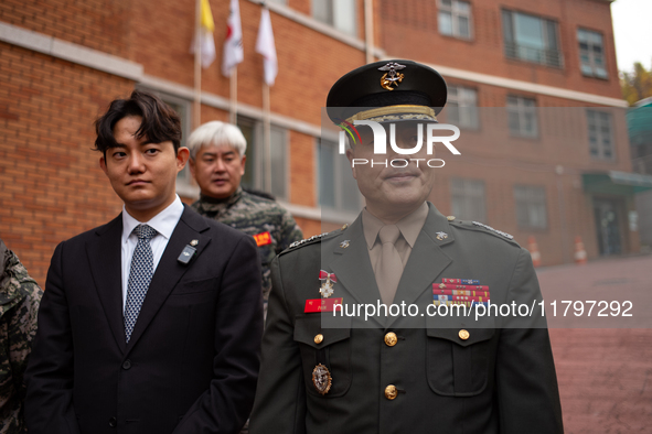 Former Marine Corps Investigation Team Leader Park Jeong-hoon holds a press conference in front of the Central District Military Court in Yo...