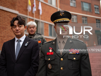 Former Marine Corps Investigation Team Leader Park Jeong-hoon holds a press conference in front of the Central District Military Court in Yo...