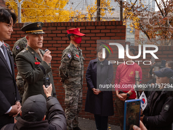 Former Marine Corps Investigation Team Leader Park Jeong-hoon holds a press conference in front of the Central District Military Court in Yo...