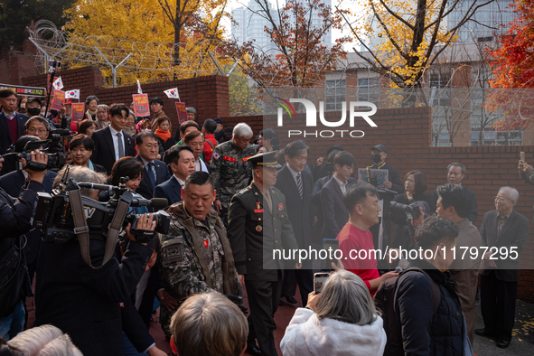 Former Marine Corps Investigation Team Leader Park Jeong-hoon holds a press conference in front of the Central District Military Court in Yo...