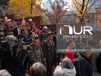 Former Marine Corps Investigation Team Leader Park Jeong-hoon holds a press conference in front of the Central District Military Court in Yo...