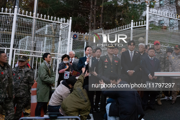 Former Marine Corps Investigation Team Leader Park Jeong-hoon holds a press conference in front of the Central District Military Court in Yo...