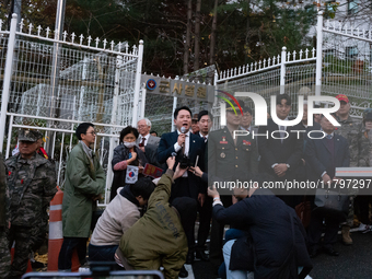 Former Marine Corps Investigation Team Leader Park Jeong-hoon holds a press conference in front of the Central District Military Court in Yo...