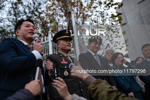 Former Marine Corps Investigation Team Leader Park Jeong-hoon holds a press conference in front of the Central District Military Court in Yo...