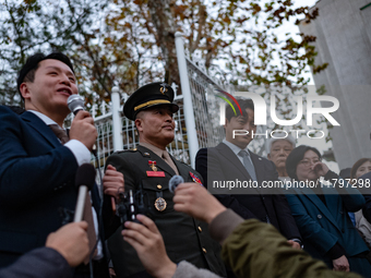 Former Marine Corps Investigation Team Leader Park Jeong-hoon holds a press conference in front of the Central District Military Court in Yo...