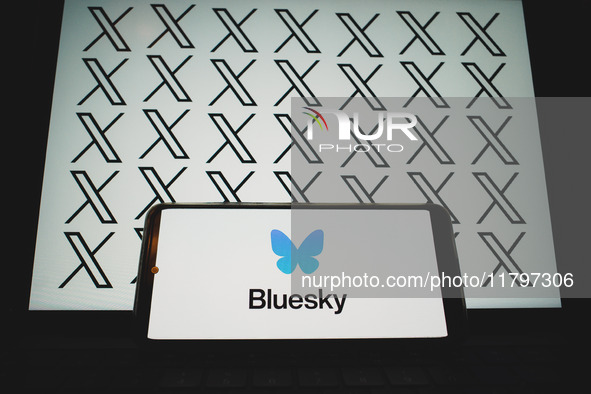 The Bluesky logo appears on a smartphone screen with X (former Twitter) logos in the background on a computer screen in this photo illustrat...