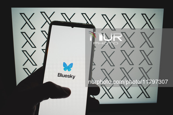 The Bluesky logo appears on a smartphone screen with X (former Twitter) logos in the background on a computer screen in this photo illustrat...