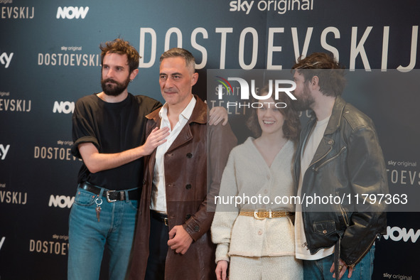 Damiano D'Innocenzo, Filippo Timi, Carlotta Gamba, and Fabio D'Innocenzo attend the ''Dostoevskij'' photocall at Hotel Eden in Rome, Italy,...