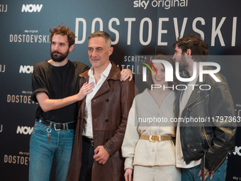 Damiano D'Innocenzo, Filippo Timi, Carlotta Gamba, and Fabio D'Innocenzo attend the ''Dostoevskij'' photocall at Hotel Eden in Rome, Italy,...