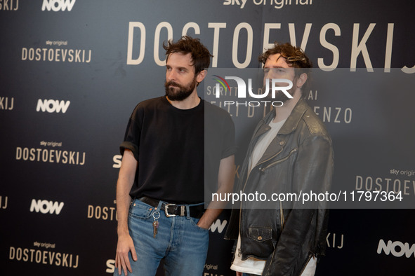 Directors Damiano D'Innocenzo and Fabio D'Innocenzo attend the ''Dostoevskij'' photocall at Hotel Eden in Rome, Italy, on November 20, 2024....