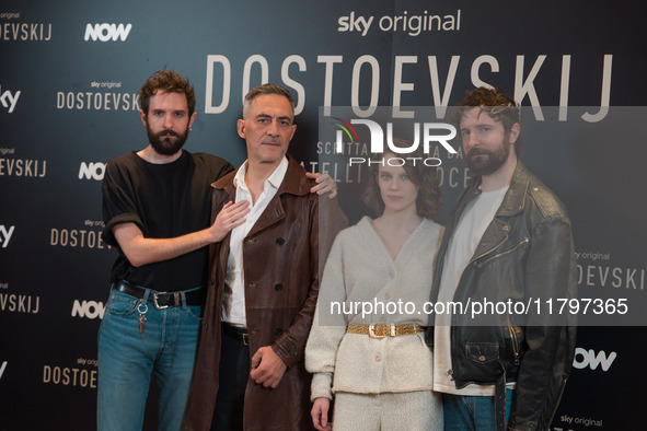 Damiano D'Innocenzo, Filippo Timi, Carlotta Gamba, and Fabio D'Innocenzo attend the ''Dostoevskij'' photocall at Hotel Eden in Rome, Italy,...