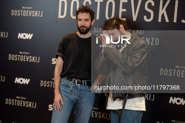 Directors Damiano D'Innocenzo and Fabio D'Innocenzo attend the ''Dostoevskij'' photocall at Hotel Eden in Rome, Italy, on November 20, 2024....