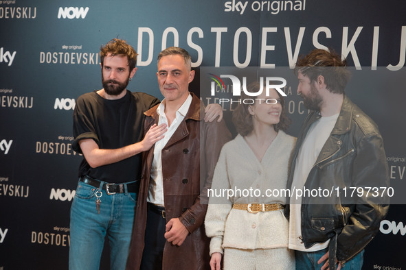 Damiano D'Innocenzo, Filippo Timi, Carlotta Gamba, and Fabio D'Innocenzo attend the ''Dostoevskij'' photocall at Hotel Eden in Rome, Italy,...