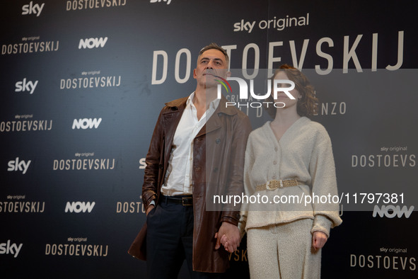 Filippo Timi and Carlotta Gamba attend the ''Dostoevskij'' photocall at Hotel Eden in Rome, Italy, on November 20, 2024. 