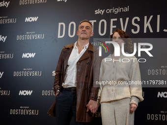 Filippo Timi and Carlotta Gamba attend the ''Dostoevskij'' photocall at Hotel Eden in Rome, Italy, on November 20, 2024. (