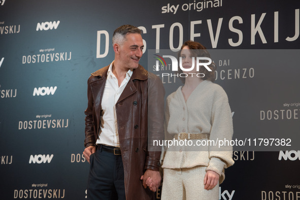 Filippo Timi and Carlotta Gamba attend the ''Dostoevskij'' photocall at Hotel Eden in Rome, Italy, on November 20, 2024. 