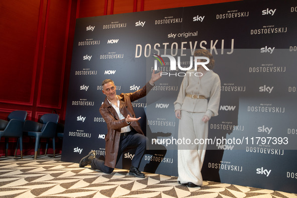 Filippo Timi and Carlotta Gamba attend the ''Dostoevskij'' photocall at Hotel Eden in Rome, Italy, on November 20, 2024. 