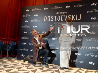 Filippo Timi and Carlotta Gamba attend the ''Dostoevskij'' photocall at Hotel Eden in Rome, Italy, on November 20, 2024. (