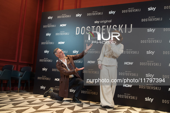 Filippo Timi and Carlotta Gamba attend the ''Dostoevskij'' photocall at Hotel Eden in Rome, Italy, on November 20, 2024. 