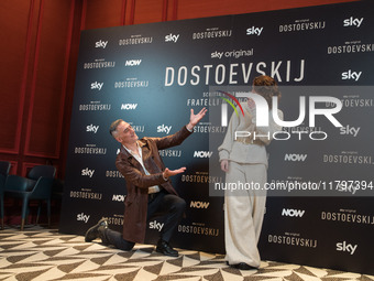 Filippo Timi and Carlotta Gamba attend the ''Dostoevskij'' photocall at Hotel Eden in Rome, Italy, on November 20, 2024. (