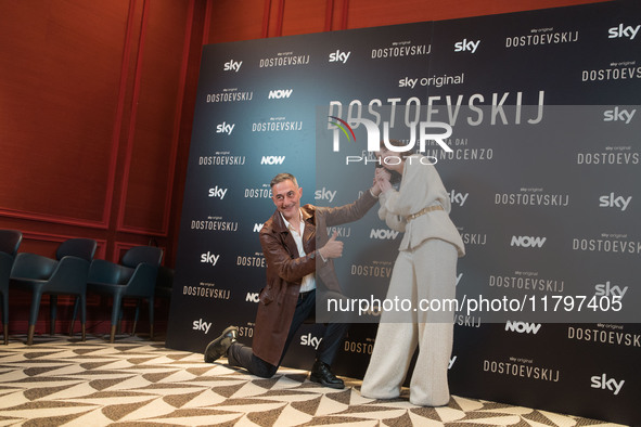 Filippo Timi and Carlotta Gamba attend the ''Dostoevskij'' photocall at Hotel Eden in Rome, Italy, on November 20, 2024. 