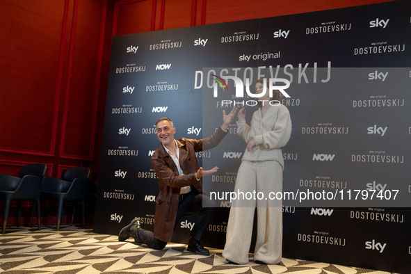 Filippo Timi and Carlotta Gamba attend the ''Dostoevskij'' photocall at Hotel Eden in Rome, Italy, on November 20, 2024. 