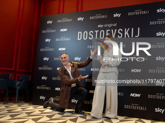 Filippo Timi and Carlotta Gamba attend the ''Dostoevskij'' photocall at Hotel Eden in Rome, Italy, on November 20, 2024. (