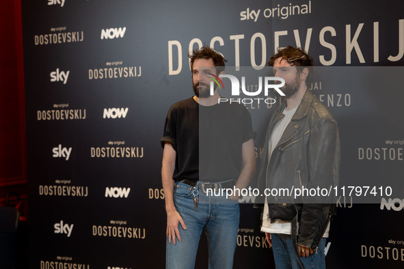 Directors Damiano D'Innocenzo and Fabio D'Innocenzo attend the ''Dostoevskij'' photocall at Hotel Eden in Rome, Italy, on November 20, 2024....