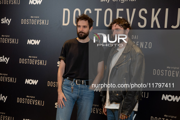 Directors Damiano D'Innocenzo and Fabio D'Innocenzo attend the ''Dostoevskij'' photocall at Hotel Eden in Rome, Italy, on November 20, 2024....