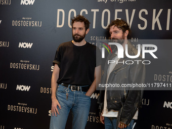 Directors Damiano D'Innocenzo and Fabio D'Innocenzo attend the ''Dostoevskij'' photocall at Hotel Eden in Rome, Italy, on November 20, 2024....