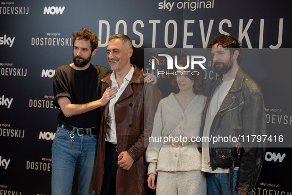 Damiano D'Innocenzo, Filippo Timi, Carlotta Gamba, and Fabio D'Innocenzo attend the ''Dostoevskij'' photocall at Hotel Eden in Rome, Italy,...